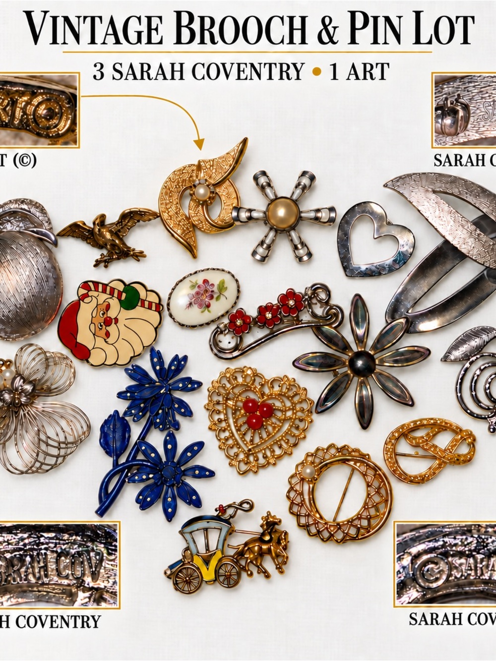 Vintage Brooch Lot 17 pieces including 3 Sarah Cov and 1 ART signed piece. #153